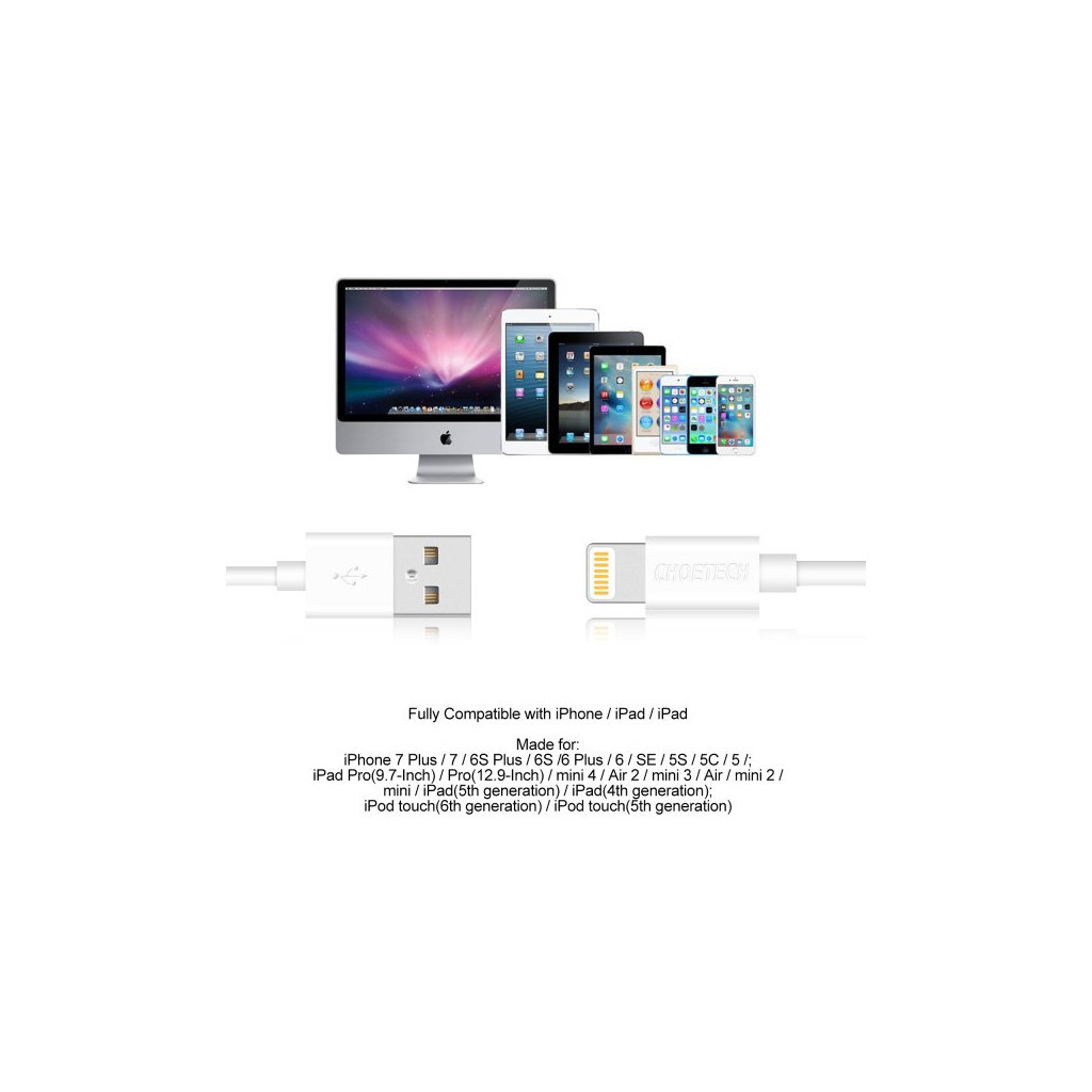 Дата кабель USB 2.0 AM to Lightning 1.8m 2.1A MFI White Choetech (IP0027-WH) - picture 7