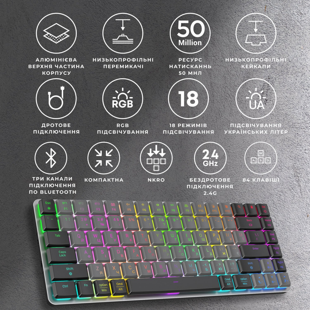 Клавіатура GamePro MK230R Red Swich Low Profile RGB Wireless/Bluetooth/USB Dark Gray (MK230R) - зображення 8