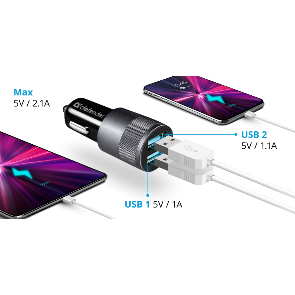 Зарядний пристрій Defender 2xUSB 12W (2xUSB-A) 2.1A UCA-21 (83821) - зображення 2