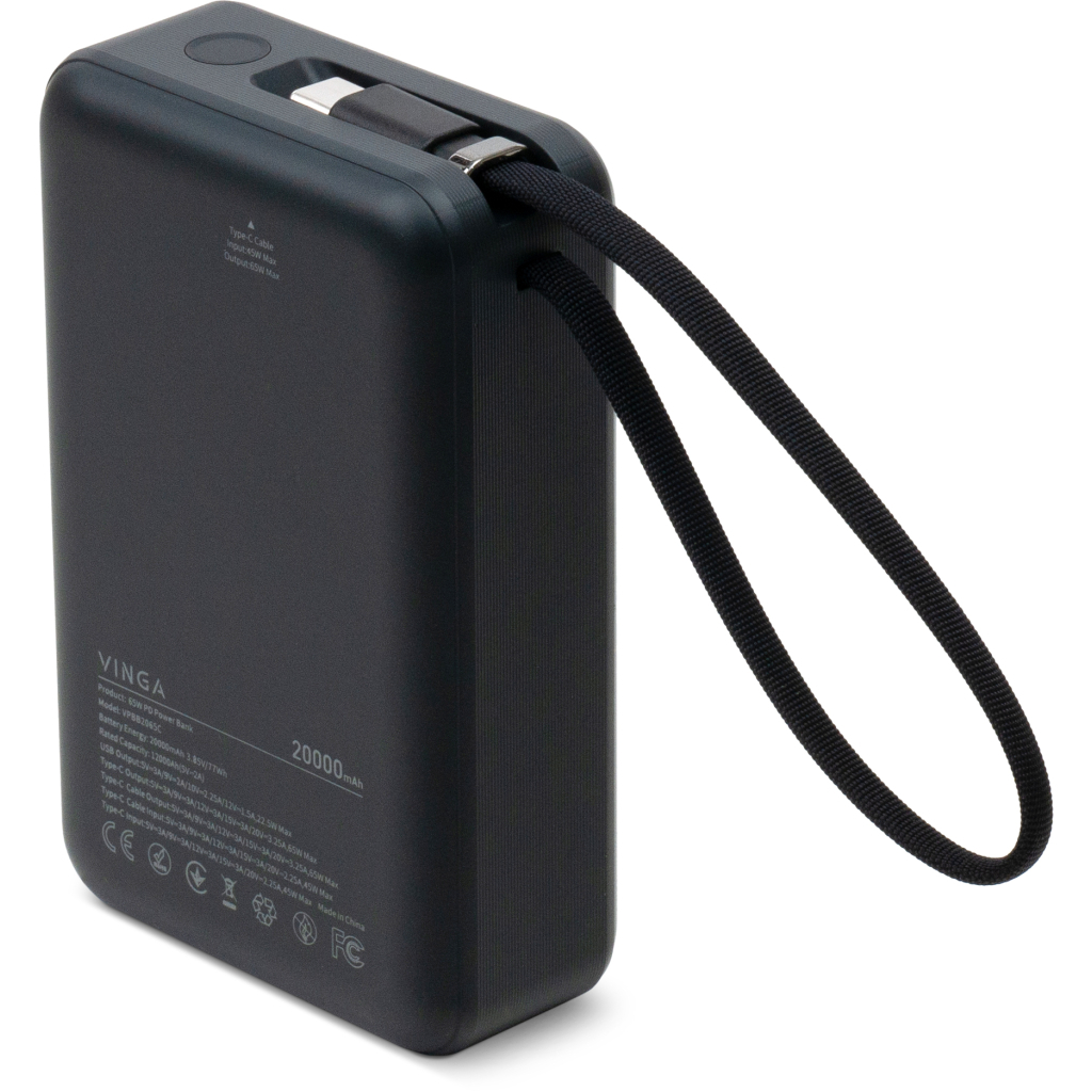 Батарея універсальна Vinga 20000 mAh 65W Display USB-C Cable Grey (VPBB2065C) - зображення 3
