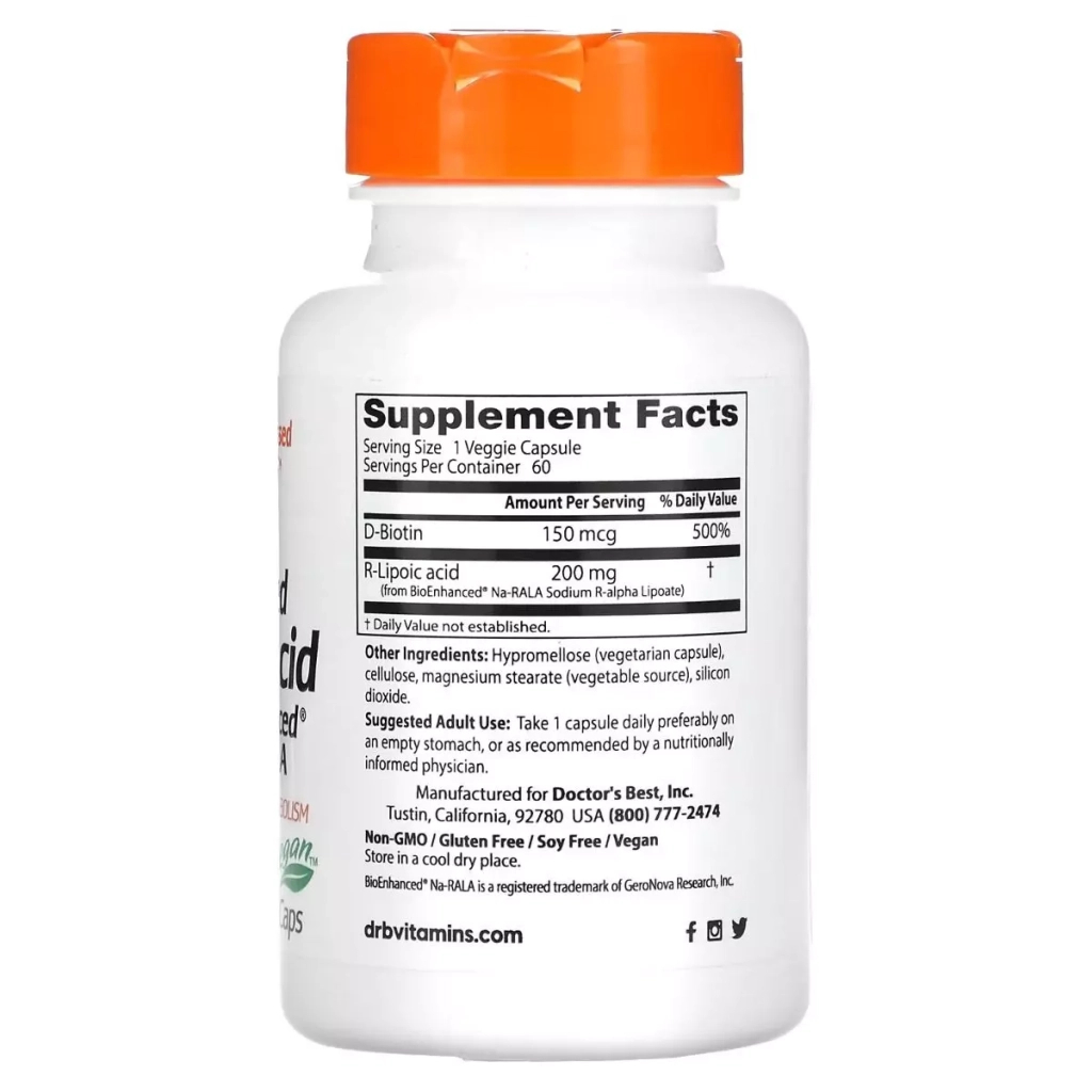 Вітамінно-мінеральний комплекс Doctor's Best R-ліпоєва кислота, 200 мг, Stabilized R-Lipoic Acid with BioEnhanced Na-RALA, 60 (DRB-00278) - зображення 2
