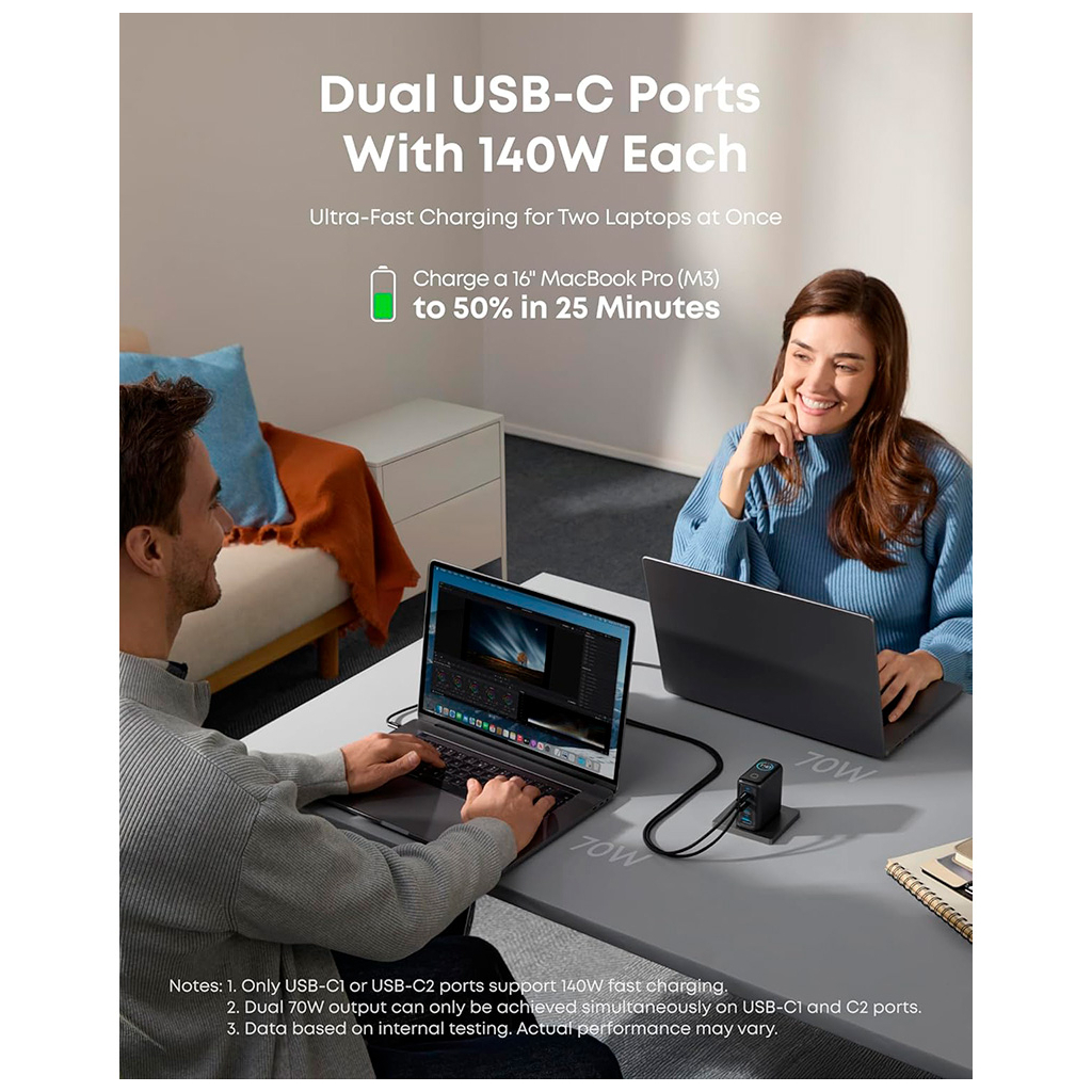 Зарядний пристрій Anker Laptop GaN 140W 3xUSB-C PD3.1 + USB-A + display + cable Black (B2697GZ1) - зображення 3