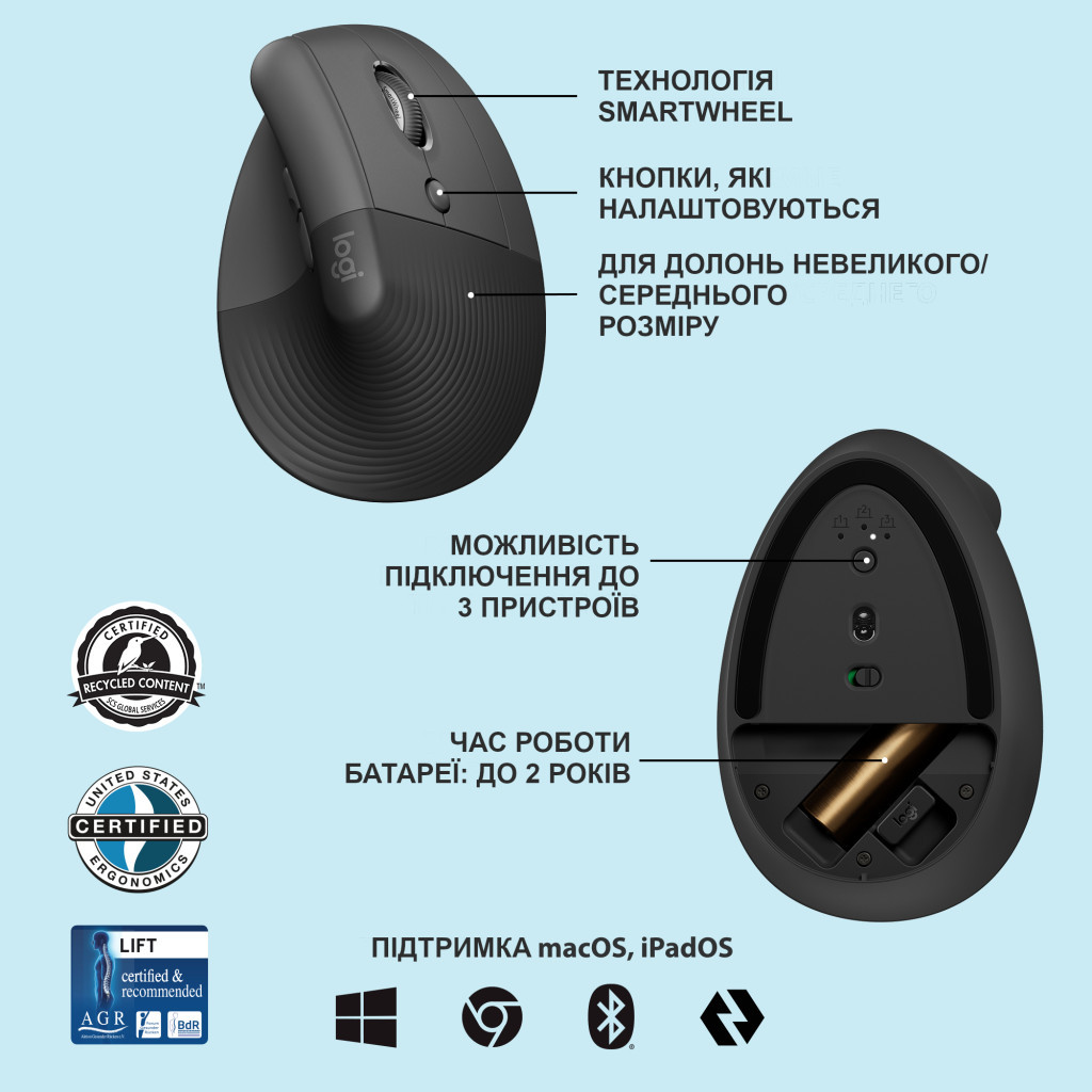 Мишка Logitech Lift Vertical Ergonomic Wireless/Bluetooth Graphite (910-006473) - зображення 6