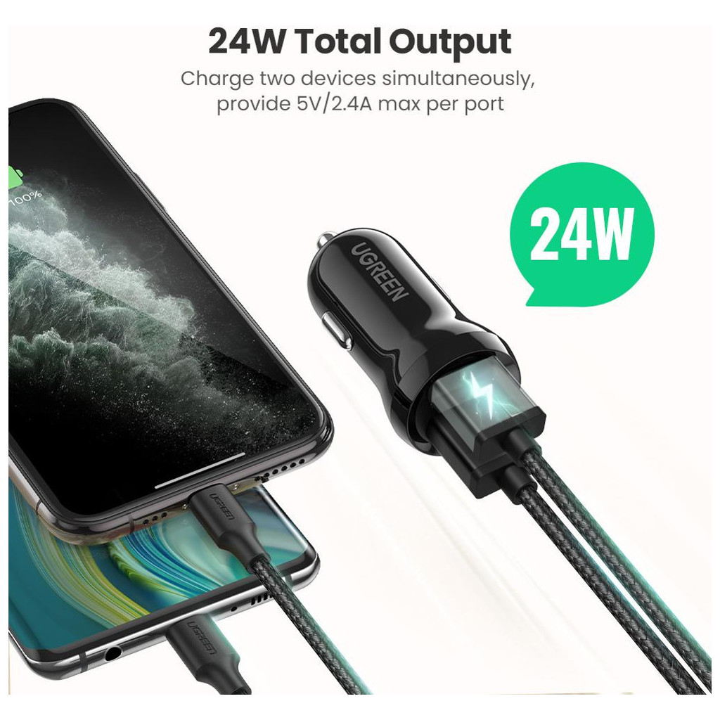Зарядний пристрій Ugreen ED018 24W 2xUSB Car Charger (Black) (50875) - зображення 2