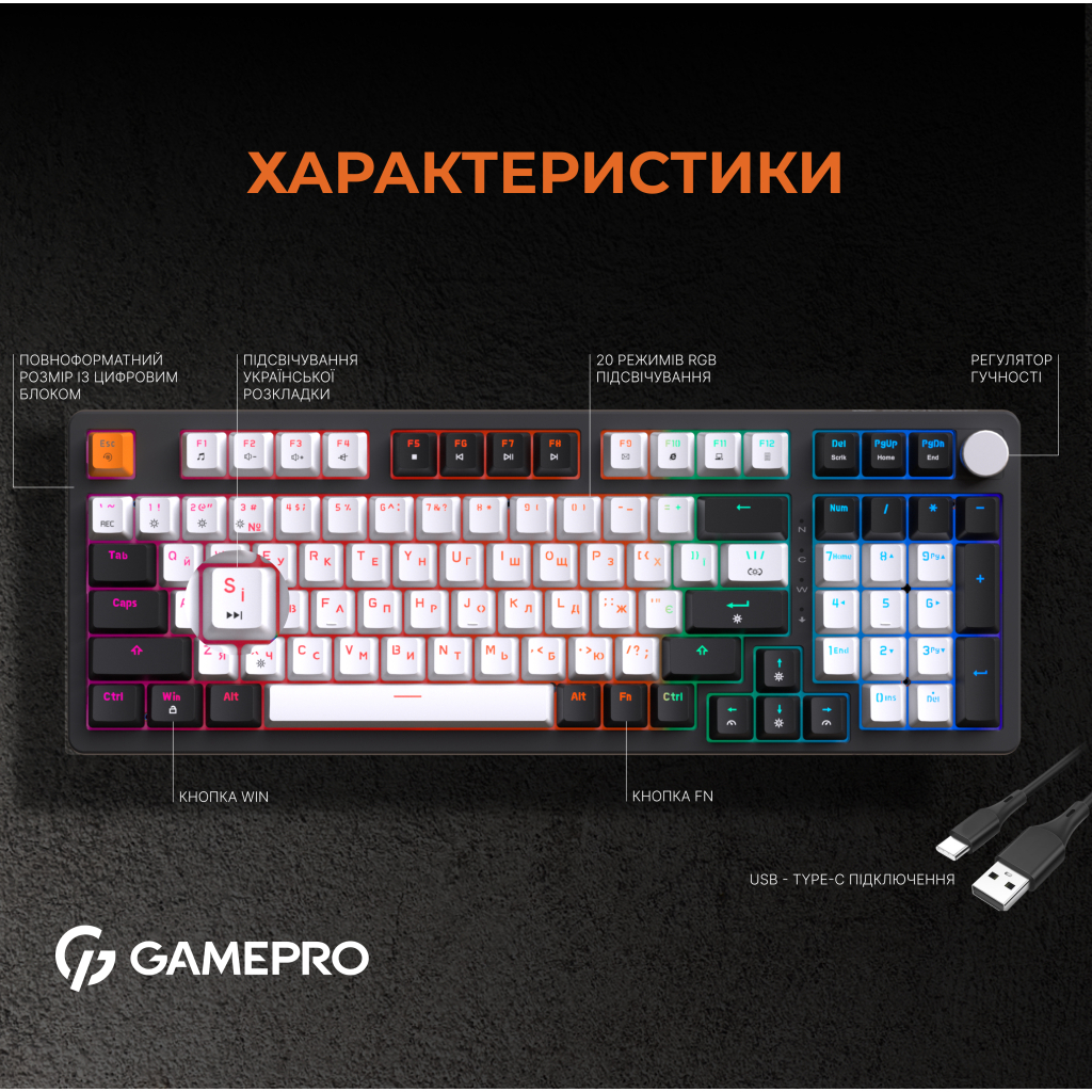 Клавіатура GamePro MK170B Hot-Swap Red Swich RGB USB UA Black - зображення 10