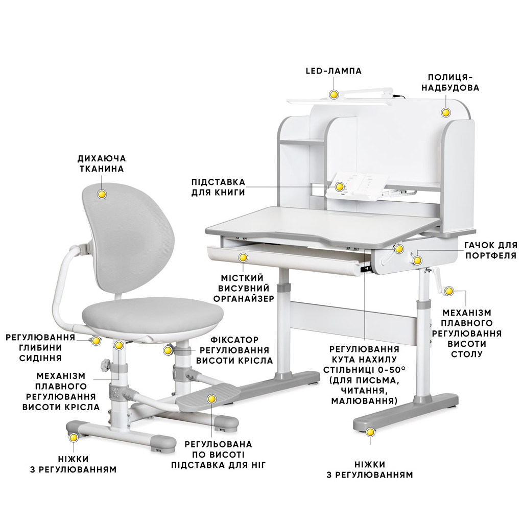 Парта зі стільцем Mealux Nemo Grey (полиця + лампа) (BD-38 G) - зображення 2