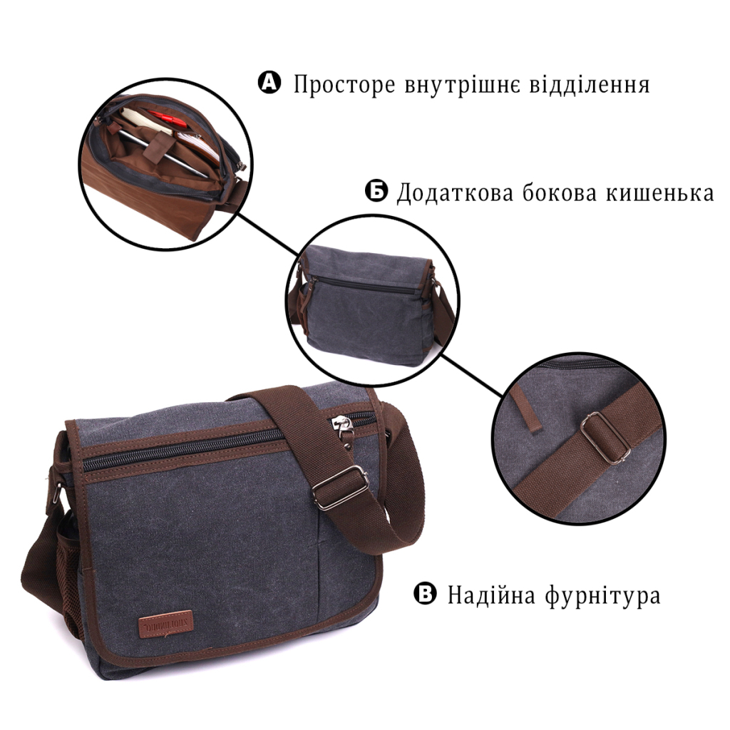 Сумка Vintage Через плече для ноутбука 13" із текстилю Чорна (22200) - зображення 4