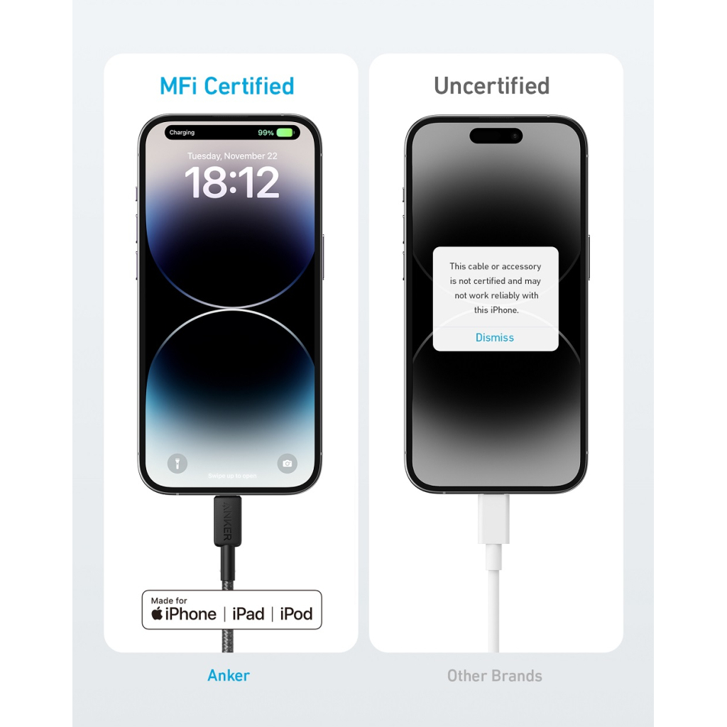 Дата кабель USB-C to Lightning 1.8m nylon 322 black Anker (A81B6G11) - зображення 3