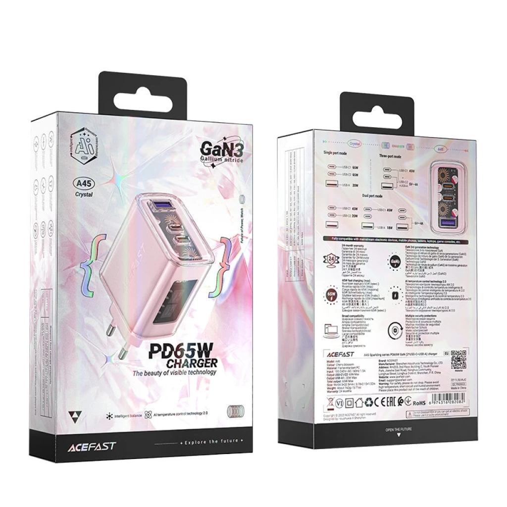 Зарядний пристрій Acefast 3xUSB 65W (2xUSB-C+USB-A) Gan A45 Fast Charger Cherry blossom (6974316282082) - зображення 5