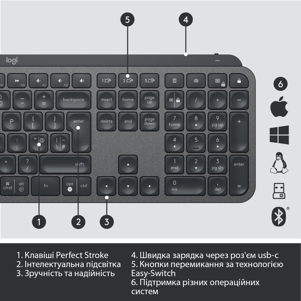 Клавіатура Logitech MX Keys Advanced Wireless Illuminated UA Graphite (920-009415) - зображення 6