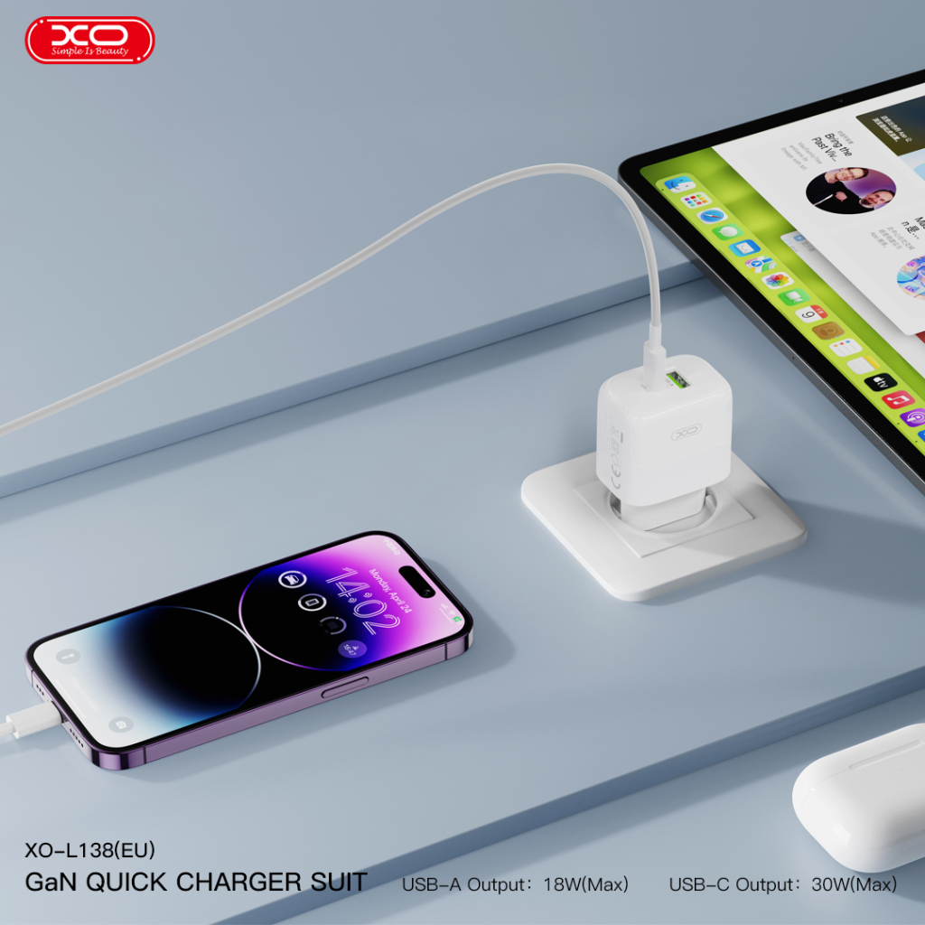 Зарядний пристрій XO L138 48W USB-C PD30W + USB-A QC18W White (L138_White) - зображення 4