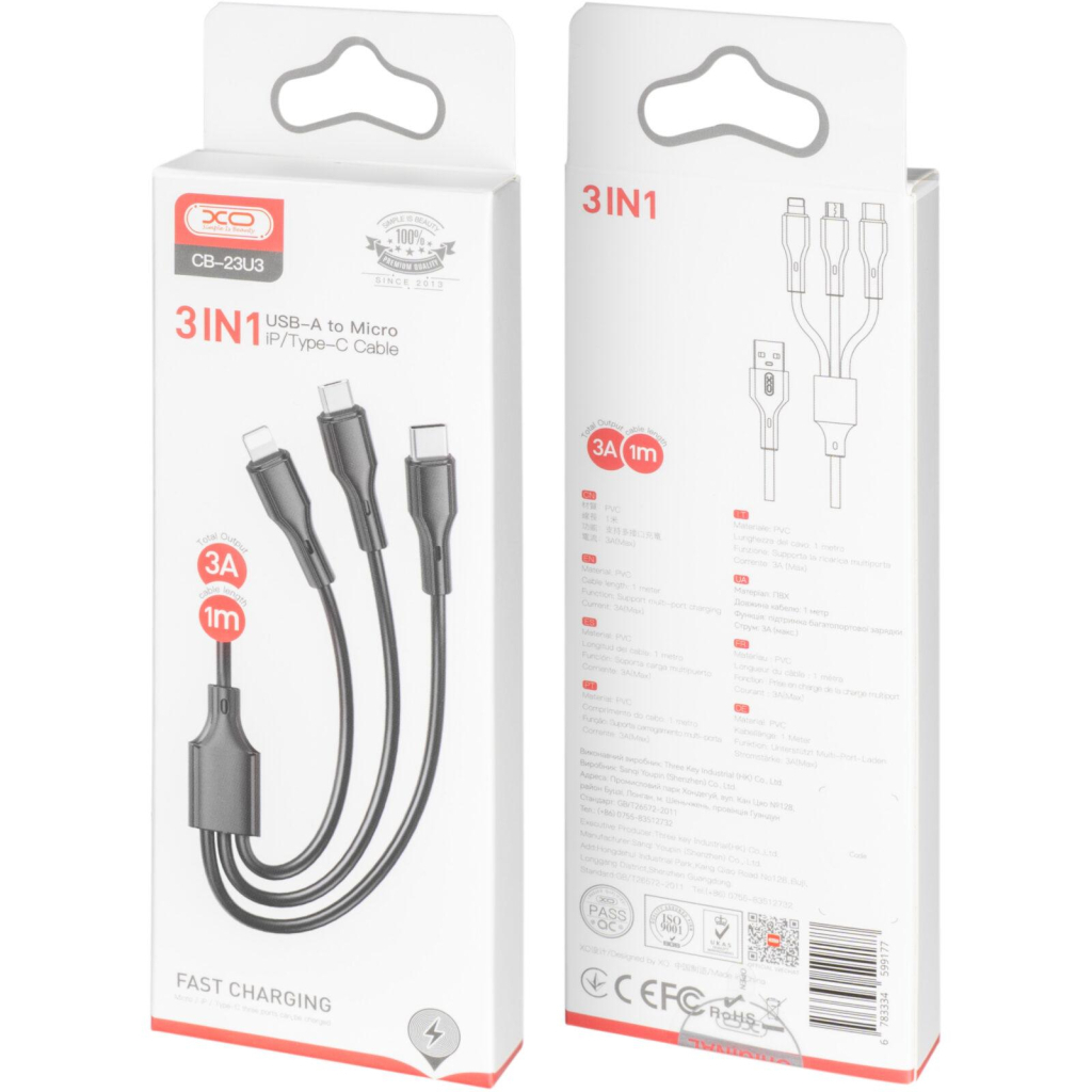 Дата кабель USB 2.0 AM to Lightning + Micro 5P + USB-C 3A black XO (CB-23U3-BK) - зображення 3