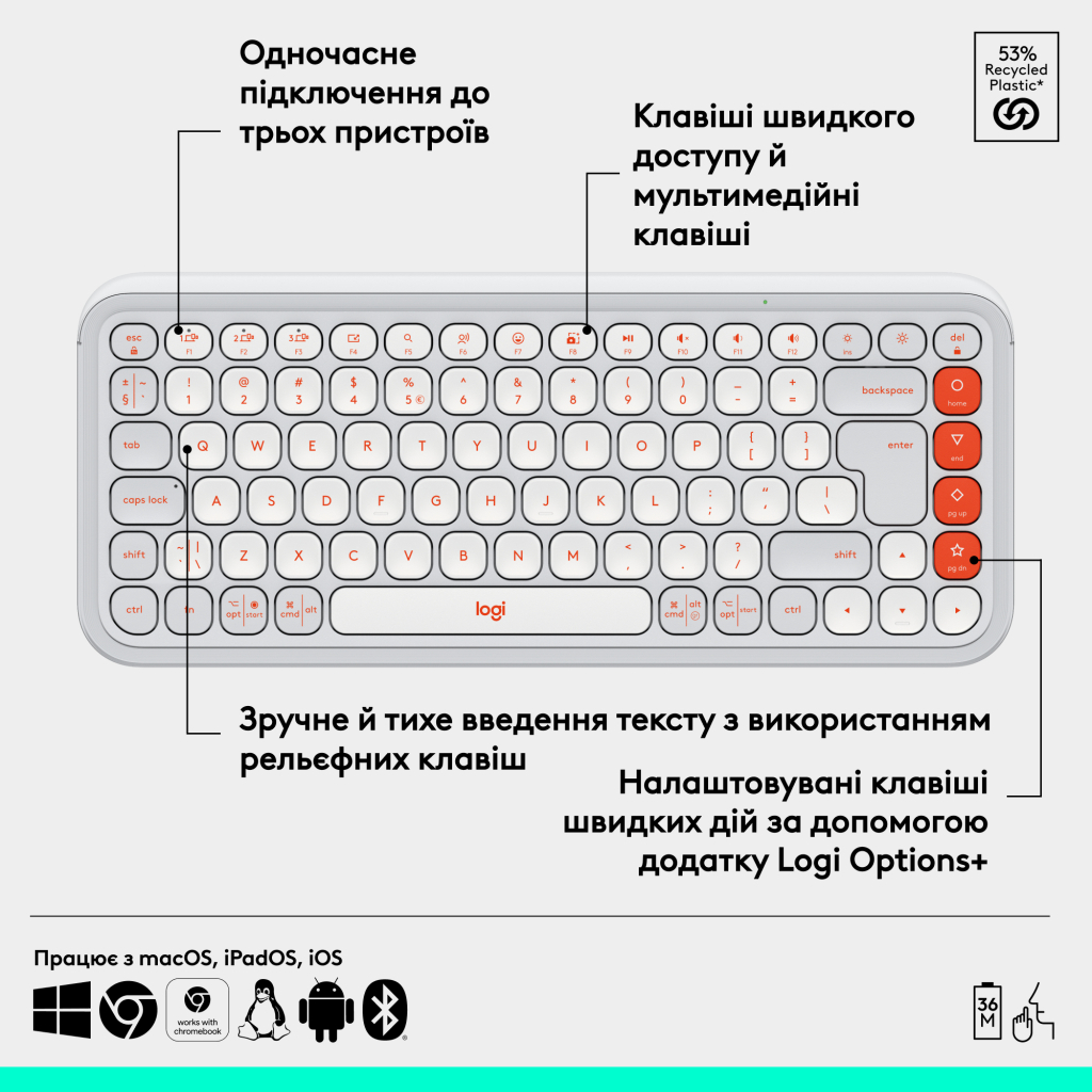Клавіатура Logitech POP Icon Keys Bluetooth UA Off-White (920-013072) - зображення 6