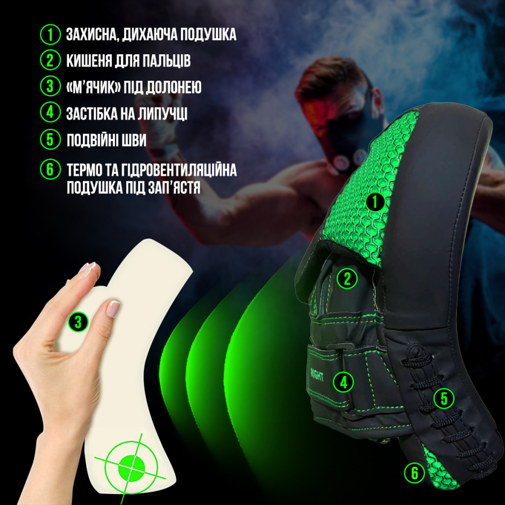 Лапи боксерські PowerPlay 3044 Pro Carbon Ultra Series Чорно-Зелені (PP_3044_Bl/Green) - изображение 9