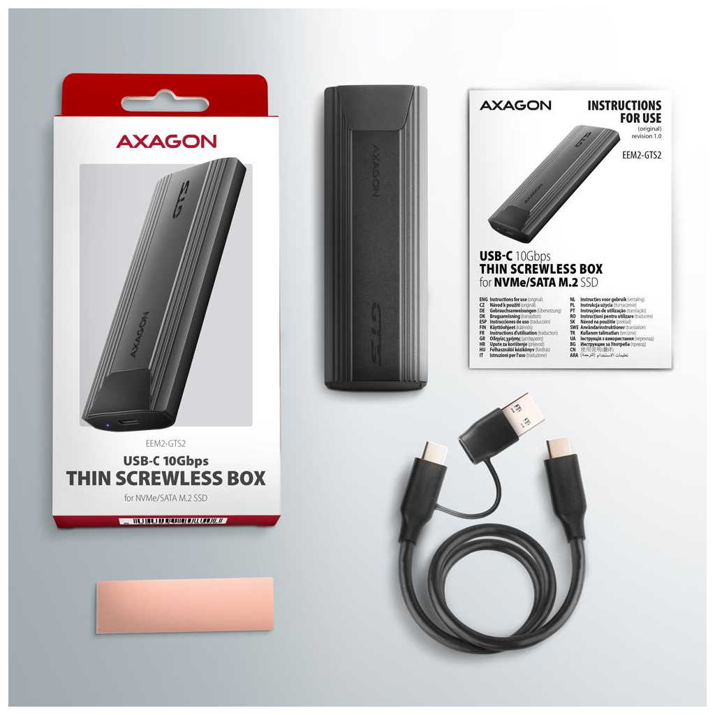 Кишеня зовнішня AXAGON USB-C 10Gbps metal box for M.2 NVMe & SATA SSD THIN SCREWLESS (EEM2-GTS2) - зображення 4