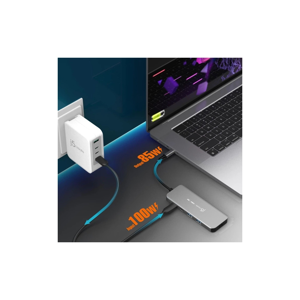 Концентратор J5create USB-C 5-in-1 2xUSB 3.2 10Gbps + 2xUSB-C 10Gbps PD 100W + HDMI 8K gray (JCH453-N) - зображення 8