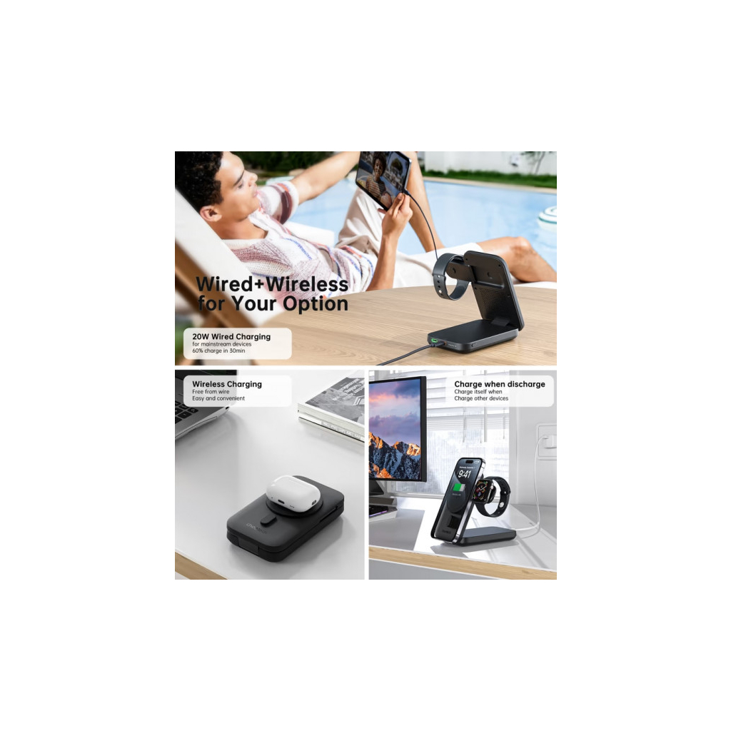 Батарея універсальна Choetech Magnetic Wireless 10000mAh 20W, PD, Qi-2 15W, USB-C, Lightning, Apple Watch charger (B750-CCBK) - зображення 5