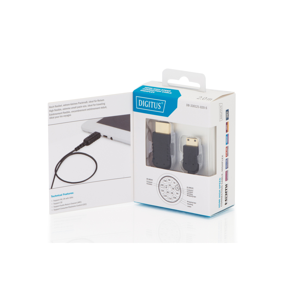 Кабель мультимедійний HDMI M to HDMI mini M 2.0m black Digitus (DB-330121-020-S) - зображення 4