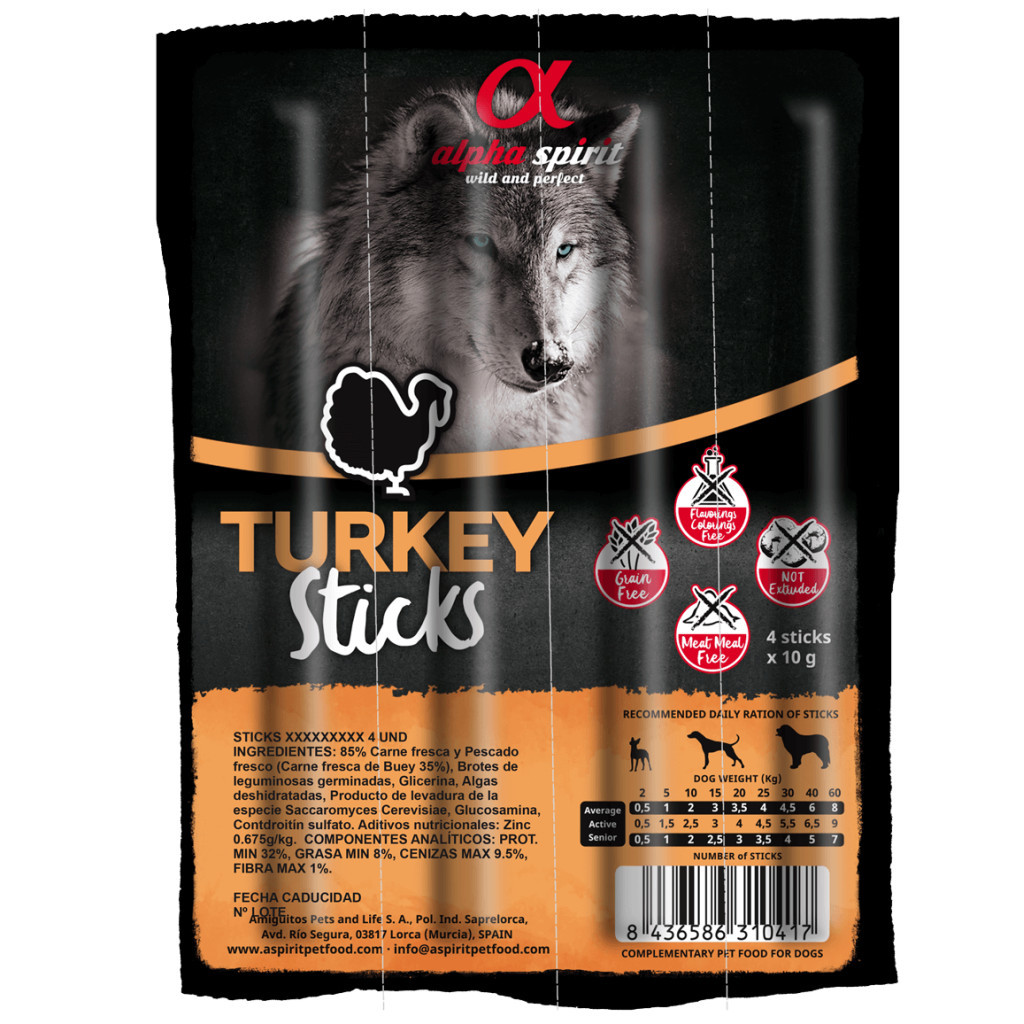 Ласощі для собак Alpha Spirit DOG Sticks Turkey напіввологі з індички, палички 40 г (8436586310417) - зображення 1