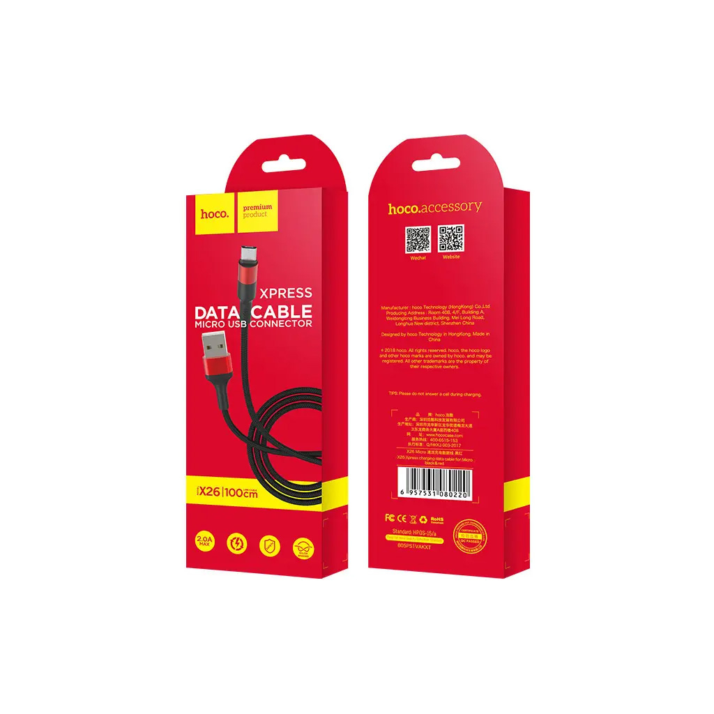 Дата кабель USB 2.0 AM to USB-C 1.0m 2A 18W nylon X26 black+red HOCO (6957531080251) - зображення 3