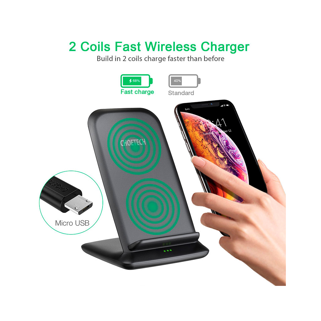 Зарядний пристрій Choetech 15W Fast Wireless Charging Stand 2coils black (T555-F-BK) - зображення 6