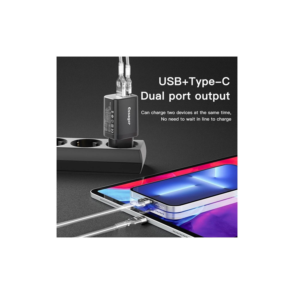 Зарядний пристрій Essager 1xUSB + 1xUSB-C PD30W black (ECTPQS-ZTB01) - зображення 4