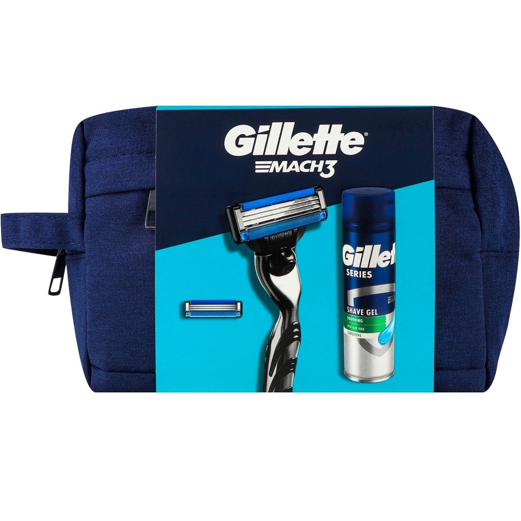 Набір косметики Gillette Бритва Mach3 з 2 змінними картриджами + Гель для гоління Series 200 мл + Косметичка (8700216075251) - зображення 2