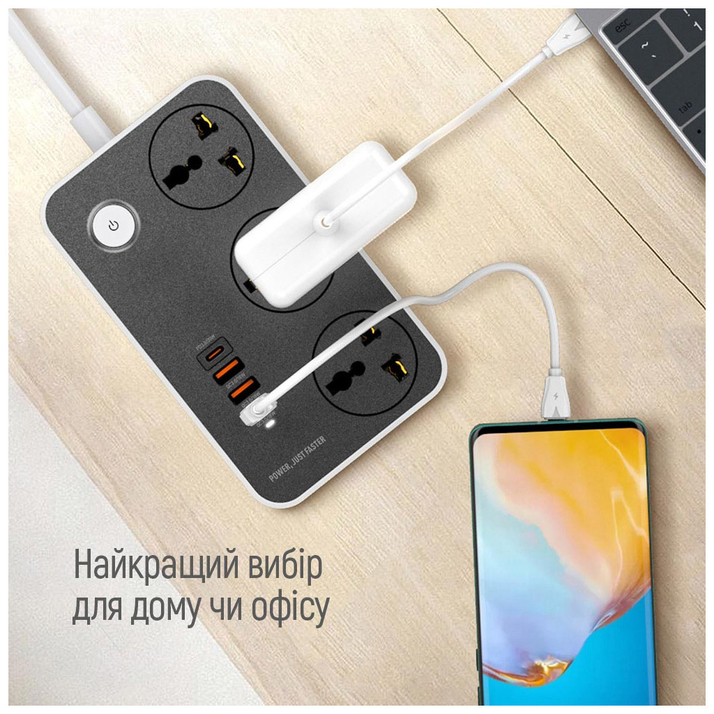 Мережевий фільтр живлення ColorWay CW-CHU34PDB, 3 розетки/4USB Black 2M (CW-CHU34PDB) - зображення 12