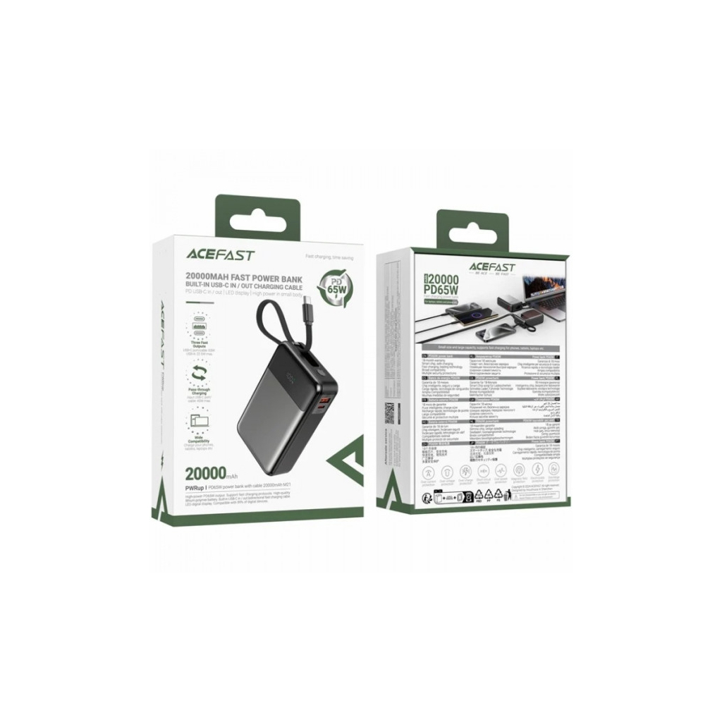 Батарея універсальна Acefast 20000mAh 65W PD, QC/3.0 USB-A+USB-C In/Out,build-in cable M21 Black-Gray (6974316283898) - зображення 5