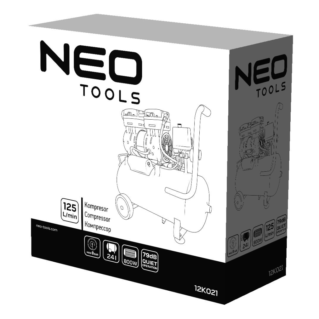 Компресор Neo Tools безолійний, 2-х поршневий, 230В, 24л, 8 Бар, 125л/хв, 800Вт, (12K021) - зображення 10