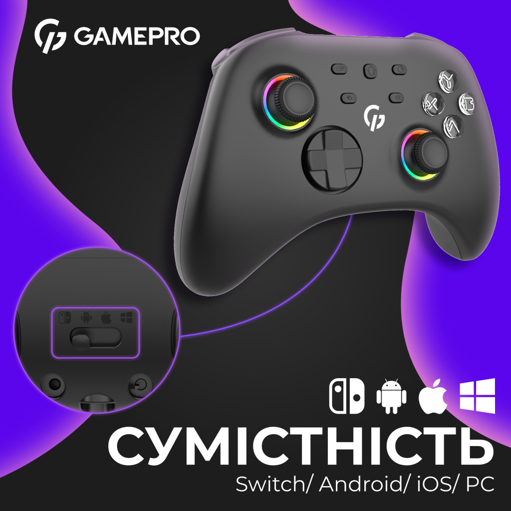 Геймпад GamePro із зарядною станцією BT 5.3/USB/2.4 ГГц (Switch/PC/iOS/Android) RGB Black (GPX13BDOC) - зображення 4