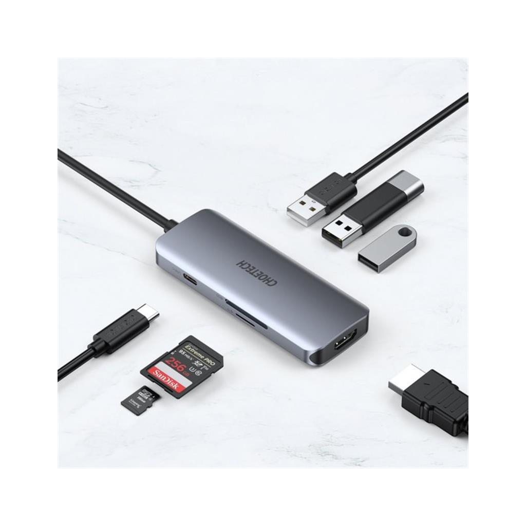 Концентратор Choetech USB-C 7-in-1 (HDMI/PD/CR/USB-A/USB-C) alum (HUB-M19-GY) - зображення 4