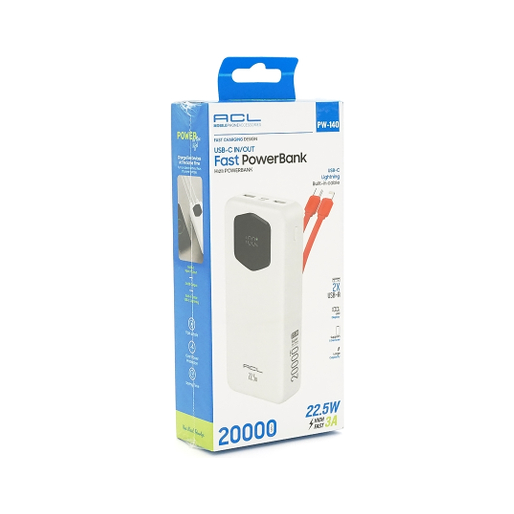 Батарея універсальна ACL 20000mAh, 22.5W, cables Type-C + Lighting, White (ACL PW-140) - зображення 4