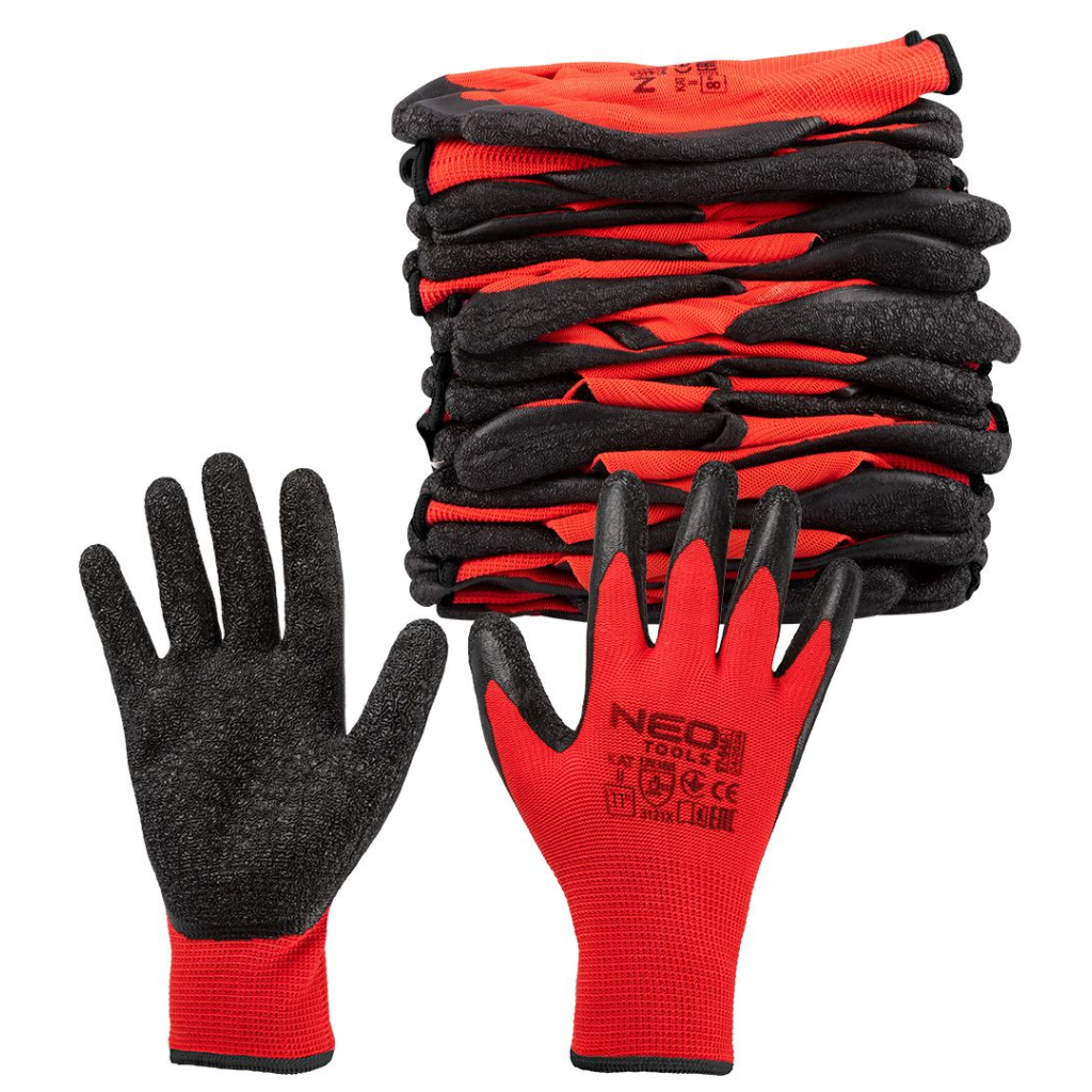 Захисні рукавиці Neo Tools комплект 12шт, поліестер з латексним покриттям, р.11, червоно-чорний (97-645-11) - изображение 6