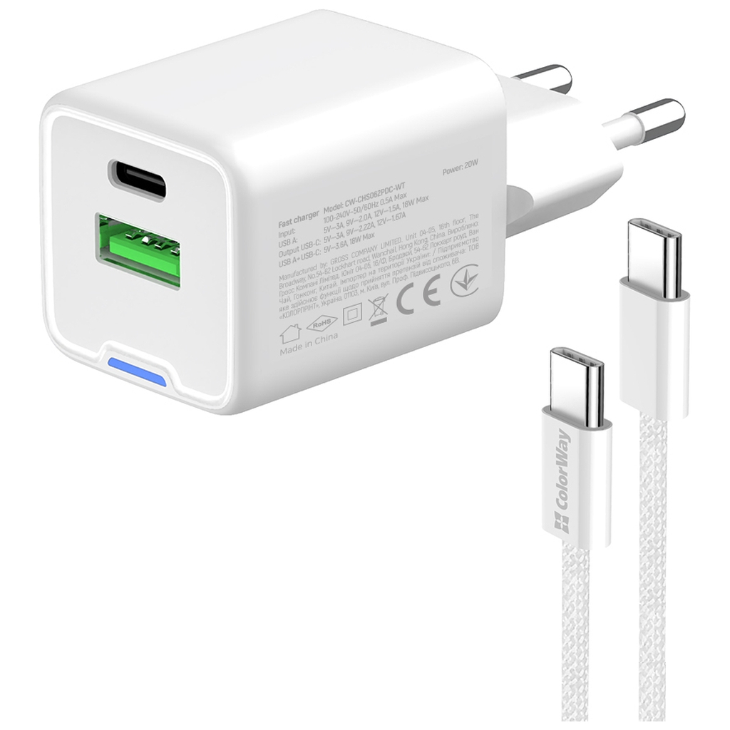 Зарядний пристрій ColorWay C101A GaN Mini 20W PD PPS USB-C + USB-A QC4.0 + cable USB-C to USB-C black (CW-CHS062PDC-WT) - изображение 5