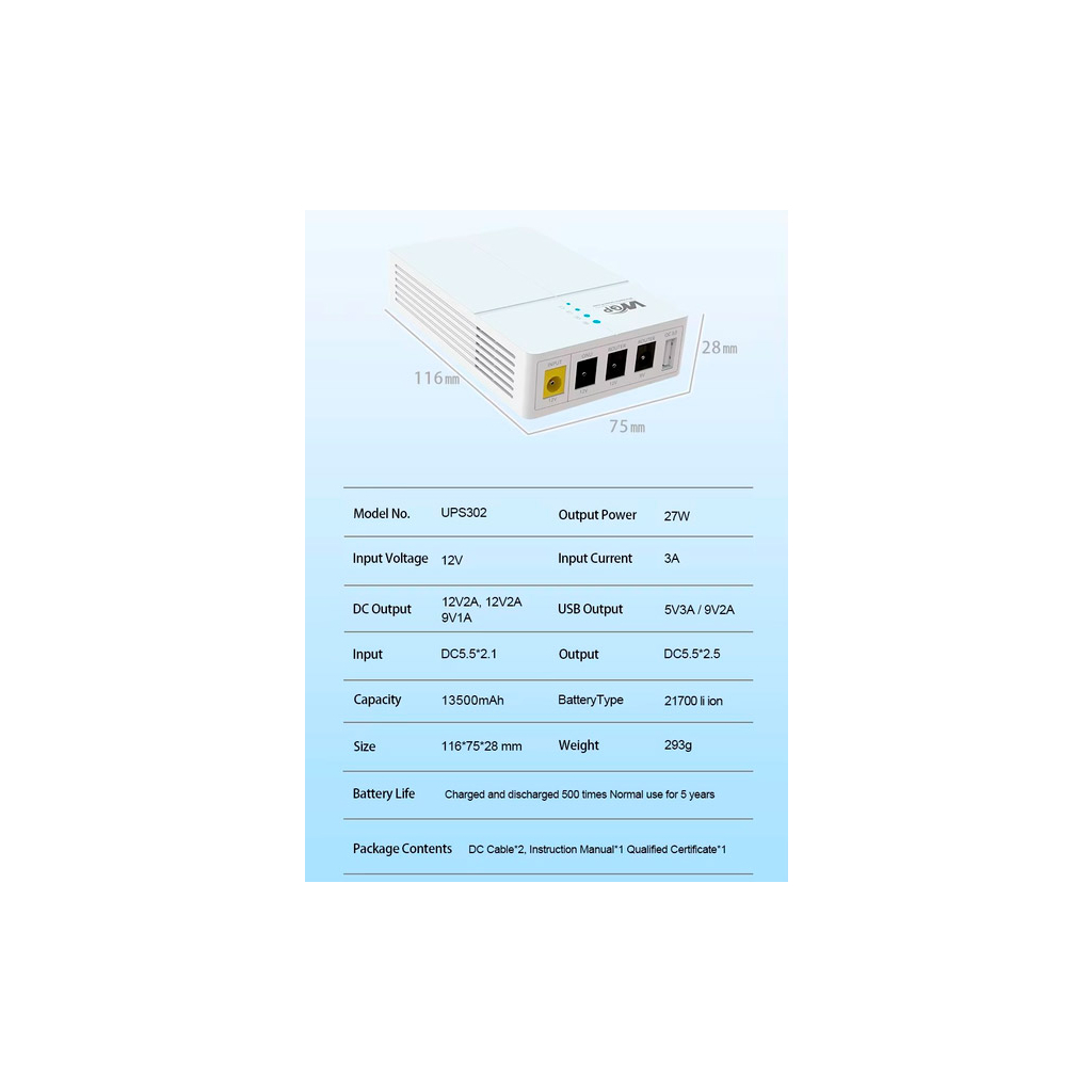 Пристрій безперебійного живлення RCI для роутера WGP 27W вх:5.5x2.1, вих:5.5x2.5 12V/2A, 9V/1A, USB (UPS302 / 560580) - зображення 5