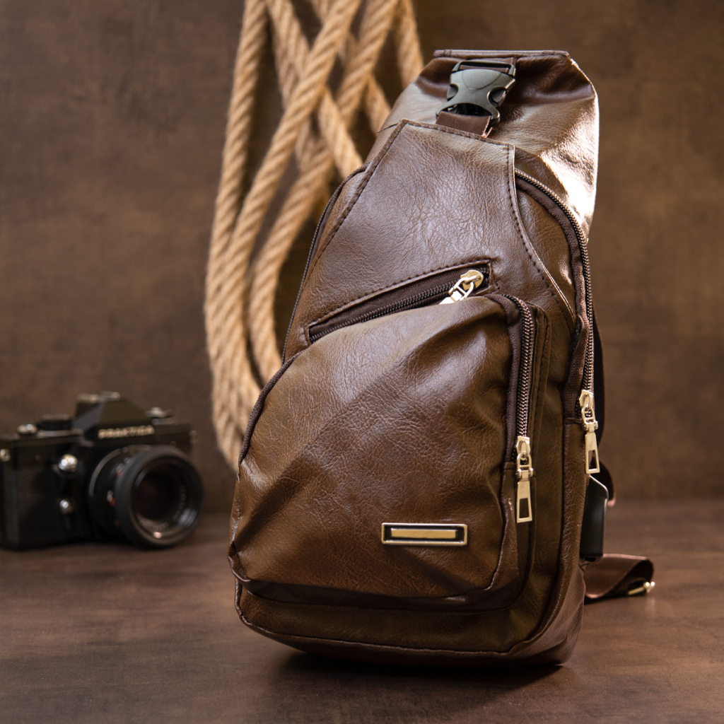 Сумка Vintage Крос боді з емблемою зі шкірозамінника Коричнева (20569) - зображення 6