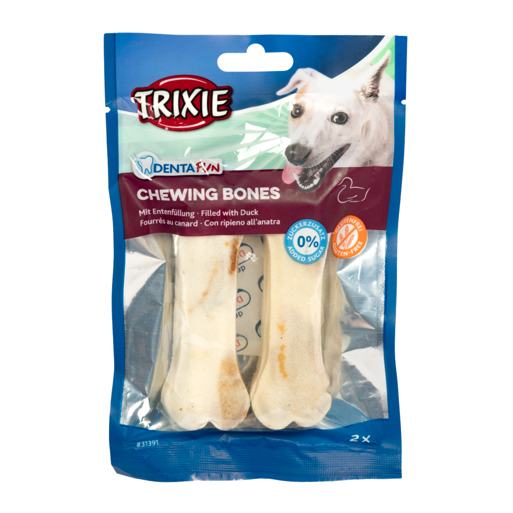 Ласощі для собак Trixie Кістка для чищення зубів з качкою Denta Fun 10 см 70 г (4011905313917) - зображення 1