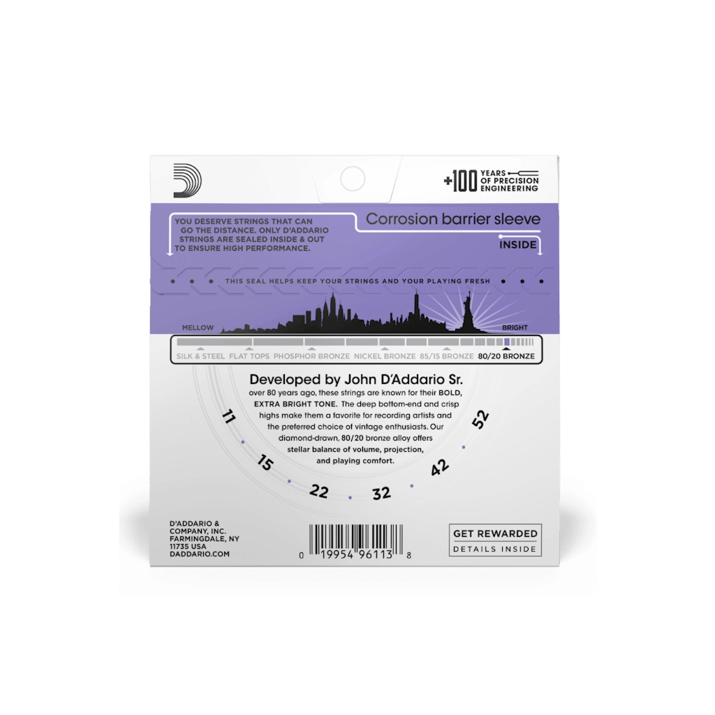Струни для гітари D'Addario 80/20 Bronze Custom Light (11-52) (EJ13) - изображение 3