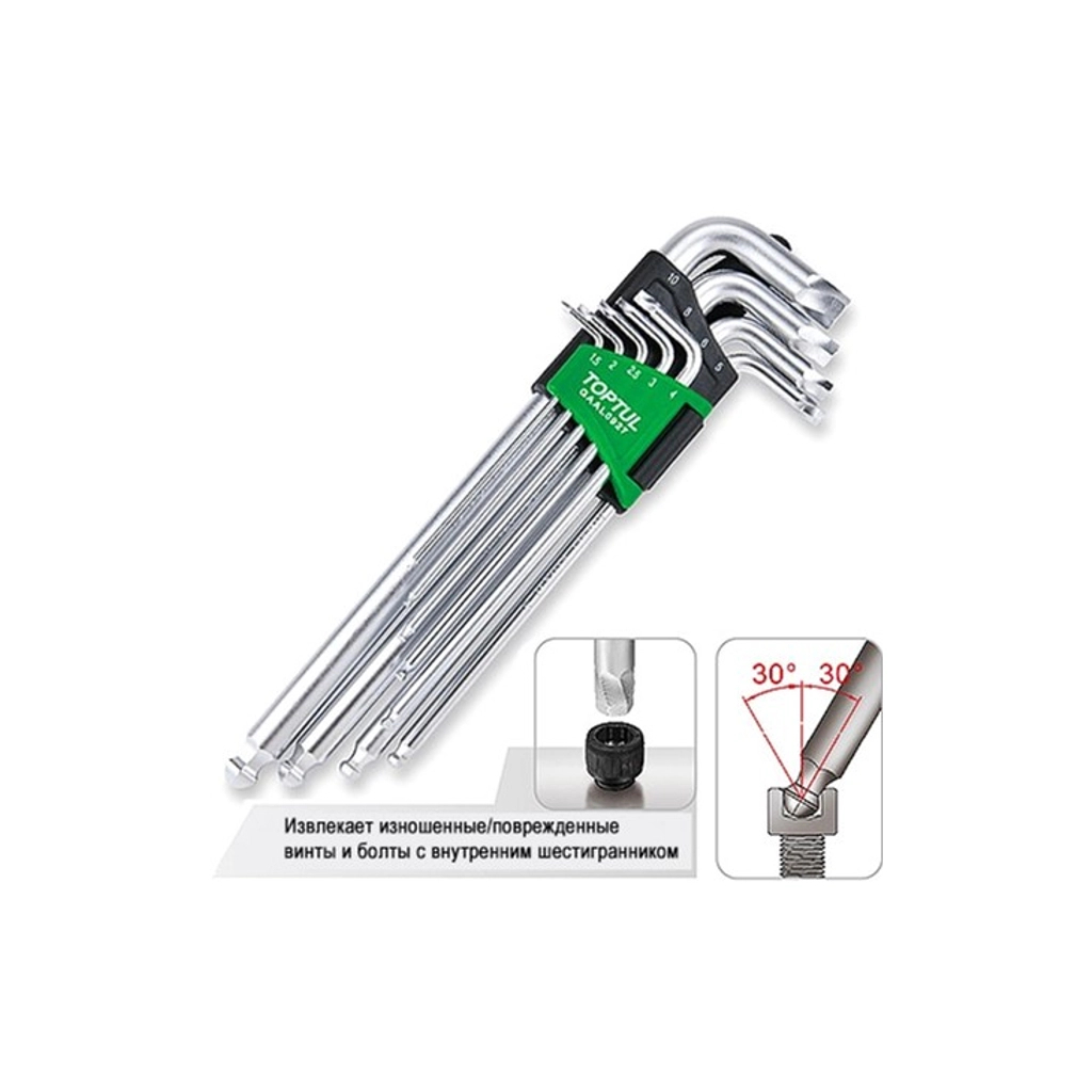 Ключ Toptul шестигранний 1,5-10мм 9шт. супердовгих з екстрактором та (GAAL0927) - зображення 2