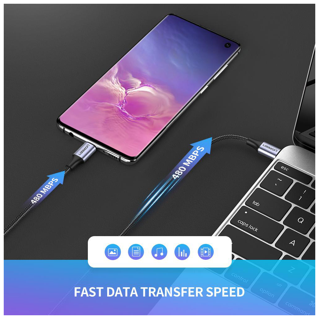 Дата кабель USB-C to USB-C 0.5m 3A 60W US261 black/gray Ugreen (50149) - зображення 3