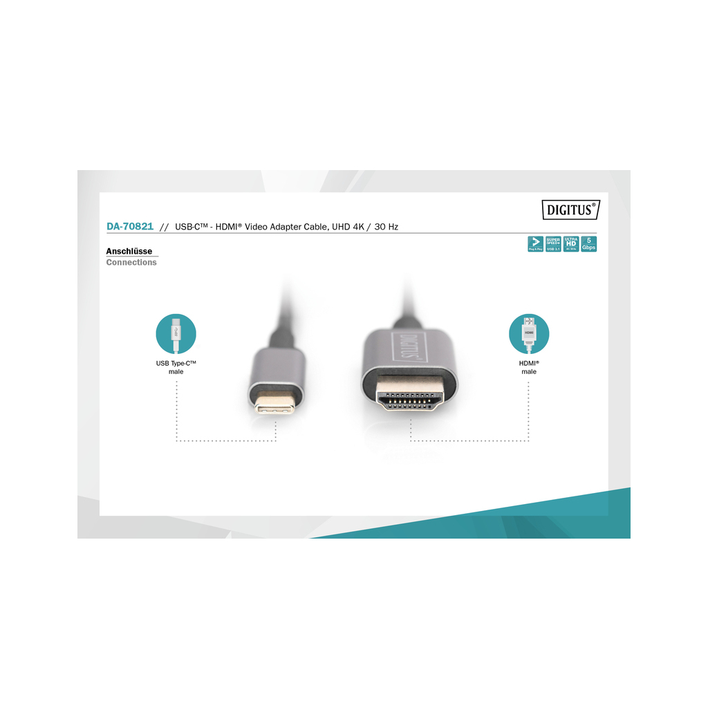Кабель мультимедійний USB-C to HDMI M 1.8m UHD 4K Digitus (DA-70821) - зображення 4