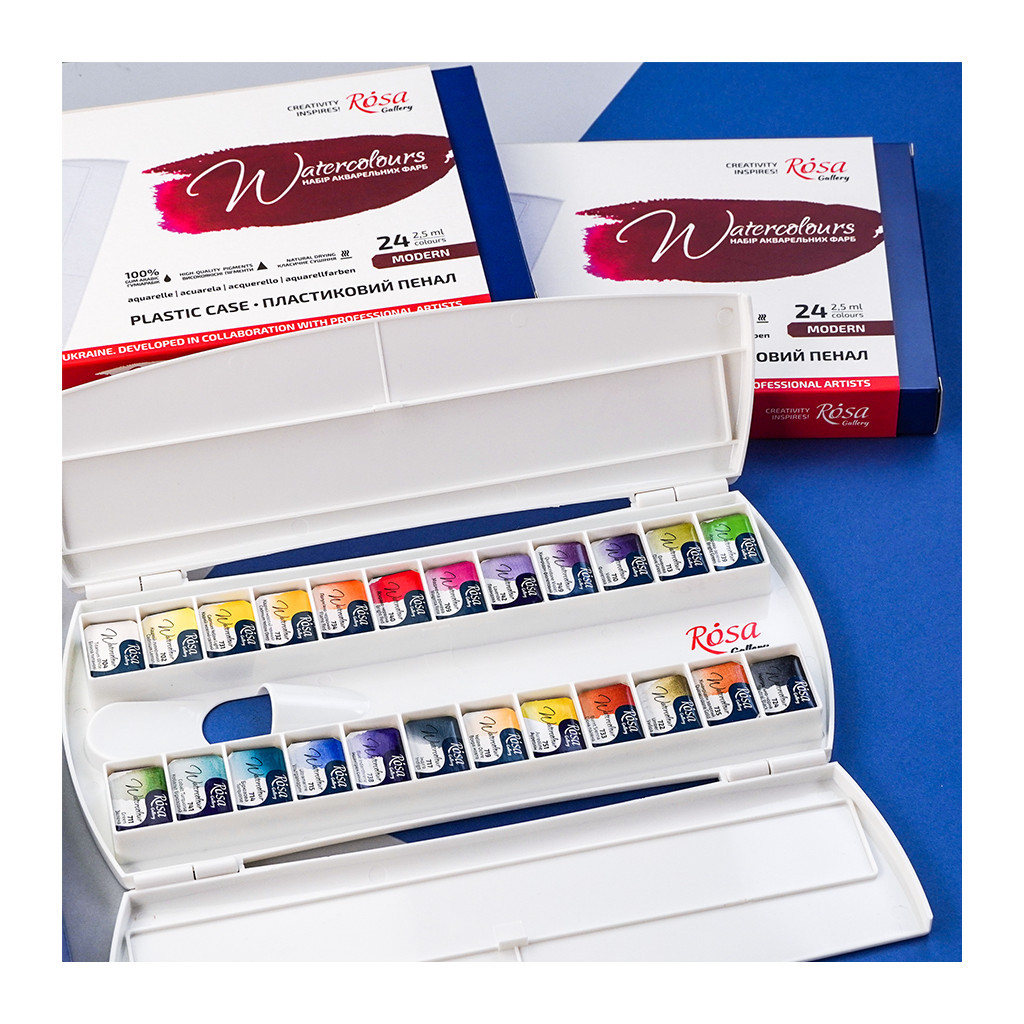 Акварельні фарби Rosa Gallery Modern 24 кольри по 2,5 мл кювет, пенал (4823098541110) - изображение 7