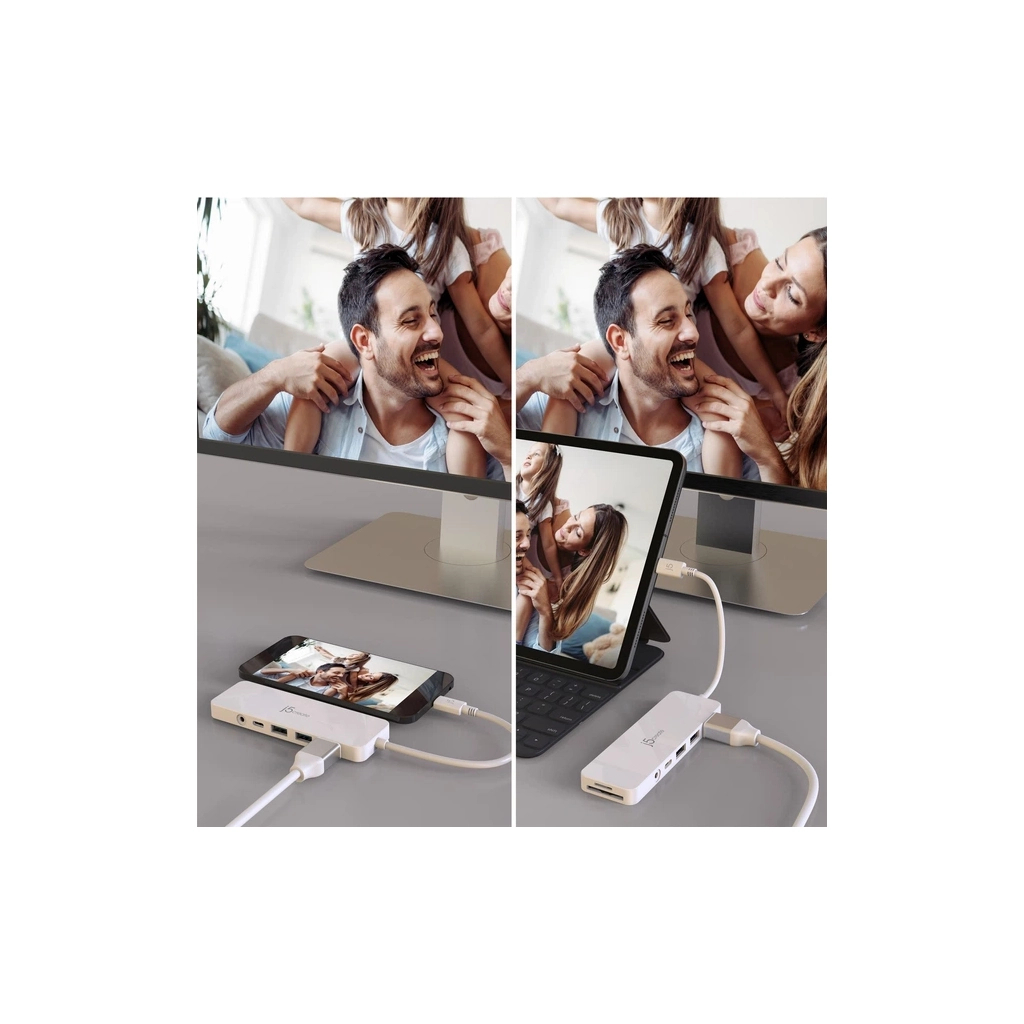 Концентратор J5create USB-C 6-in-1 2xUSB 3.1 + USB-C PD + HDMI + SD/TF + 3.5mm white (JCD373-N) - зображення 7