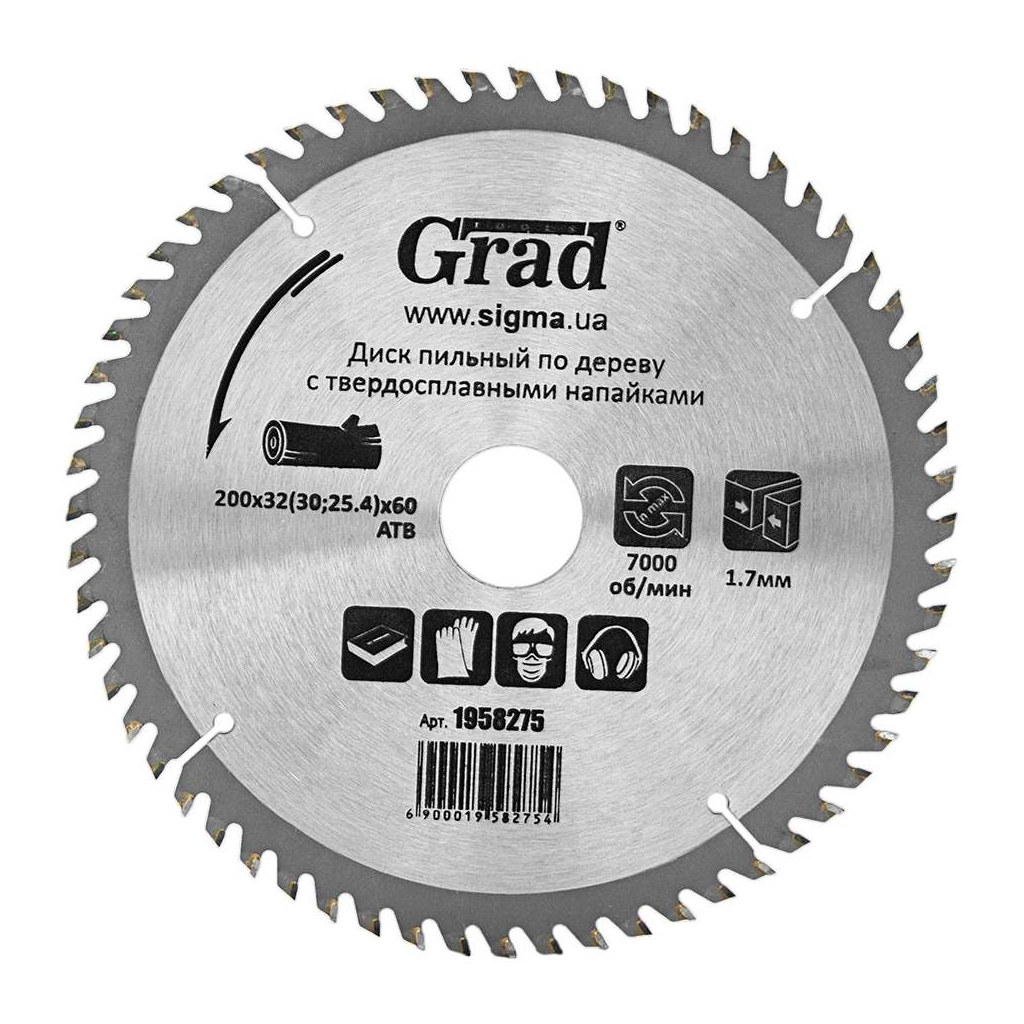 Диск пильний Grad по дереву з твердосплавними напайками Ø200×32(30;25.4)×60Т, 7000об/хв GRAD (1958275) (1958275) - зображення 1
