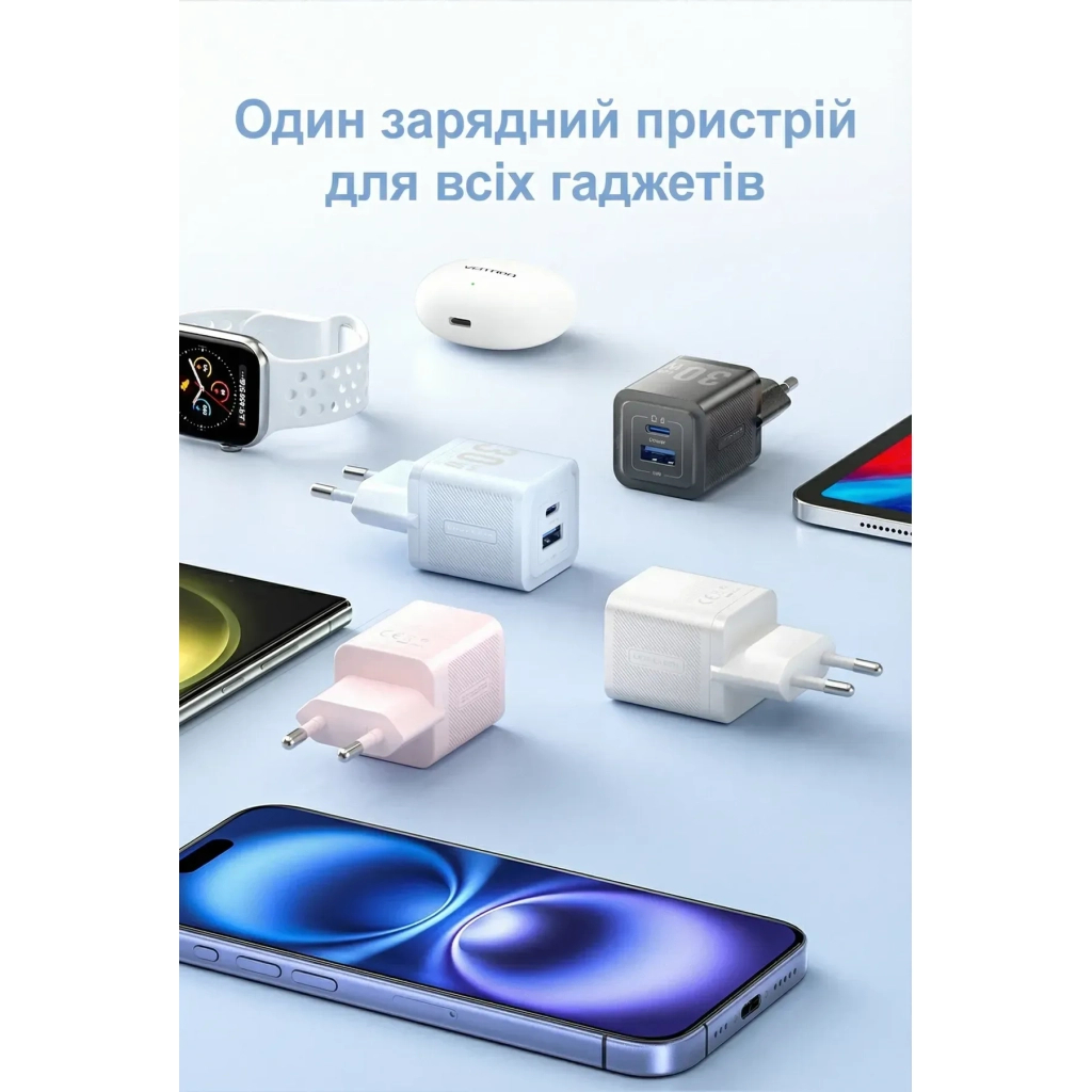 Зарядний пристрій VENTION 1xUSB-C PD30W + 1xUSB QC3.0 30W GaN white (FEQW0-EU) - зображення 9