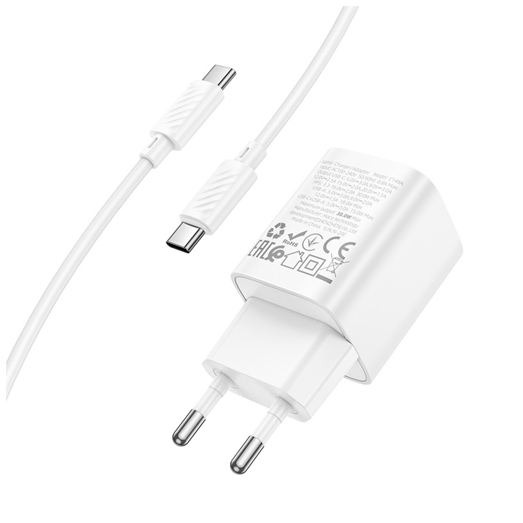 Зарядний пристрій HOCO C149A Charm 1xUSB-C PD30W + 1xUSB QC3.0 + cable USB-C to USB-C White (6942007630351) - зображення 3