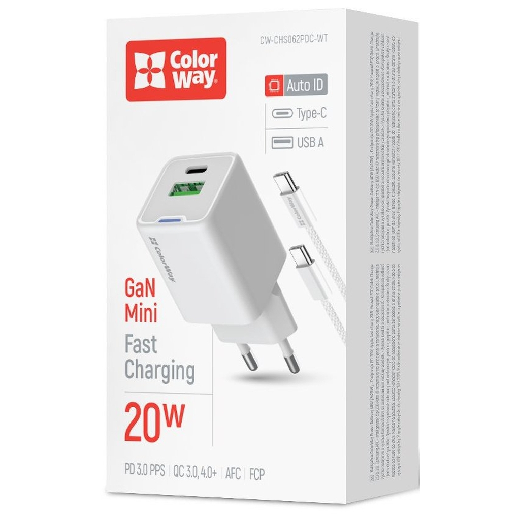 Зарядний пристрій ColorWay C101A GaN Mini 20W PD PPS USB-C + USB-A QC4.0 + cable USB-C to USB-C black (CW-CHS062PDC-WT) - изображение 6