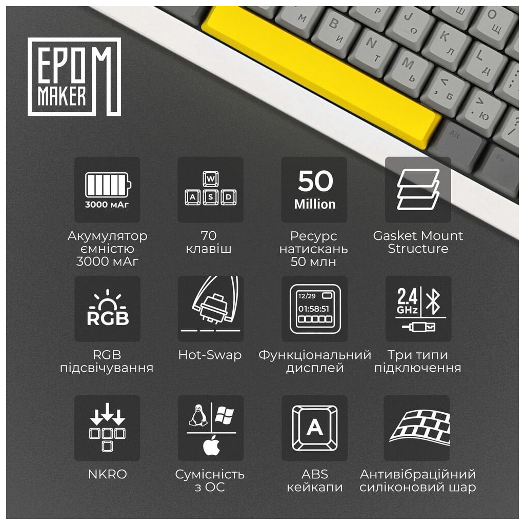 Клавіатура Epomaker Shadow-X 70 Wisteria Linear Switch Hot-Swap LCD Screen RGB Wireless/Bluetooth/USB UA White (SHX-W-WL) - зображення 8