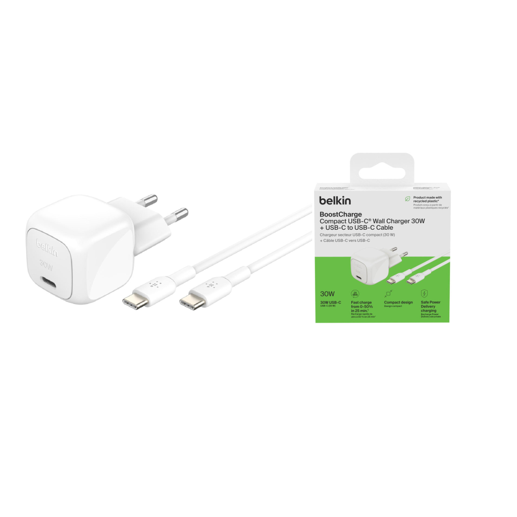 Зарядний пристрій Belkin USB-C PD30W PPS + cable USB-C to USB-C 1.0m PVC white (WCA008KQ1MWH-B6) - зображення 6